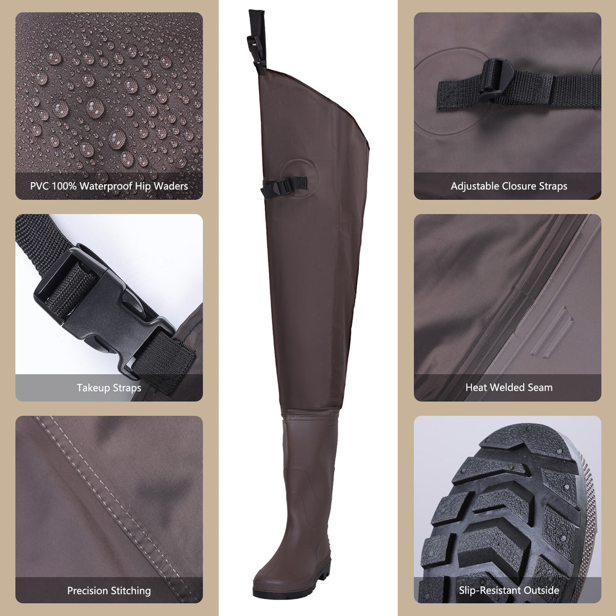 Men's Waterproof Hip Waders for Fishing and Hunting Lightweight Nylon PVC Boots