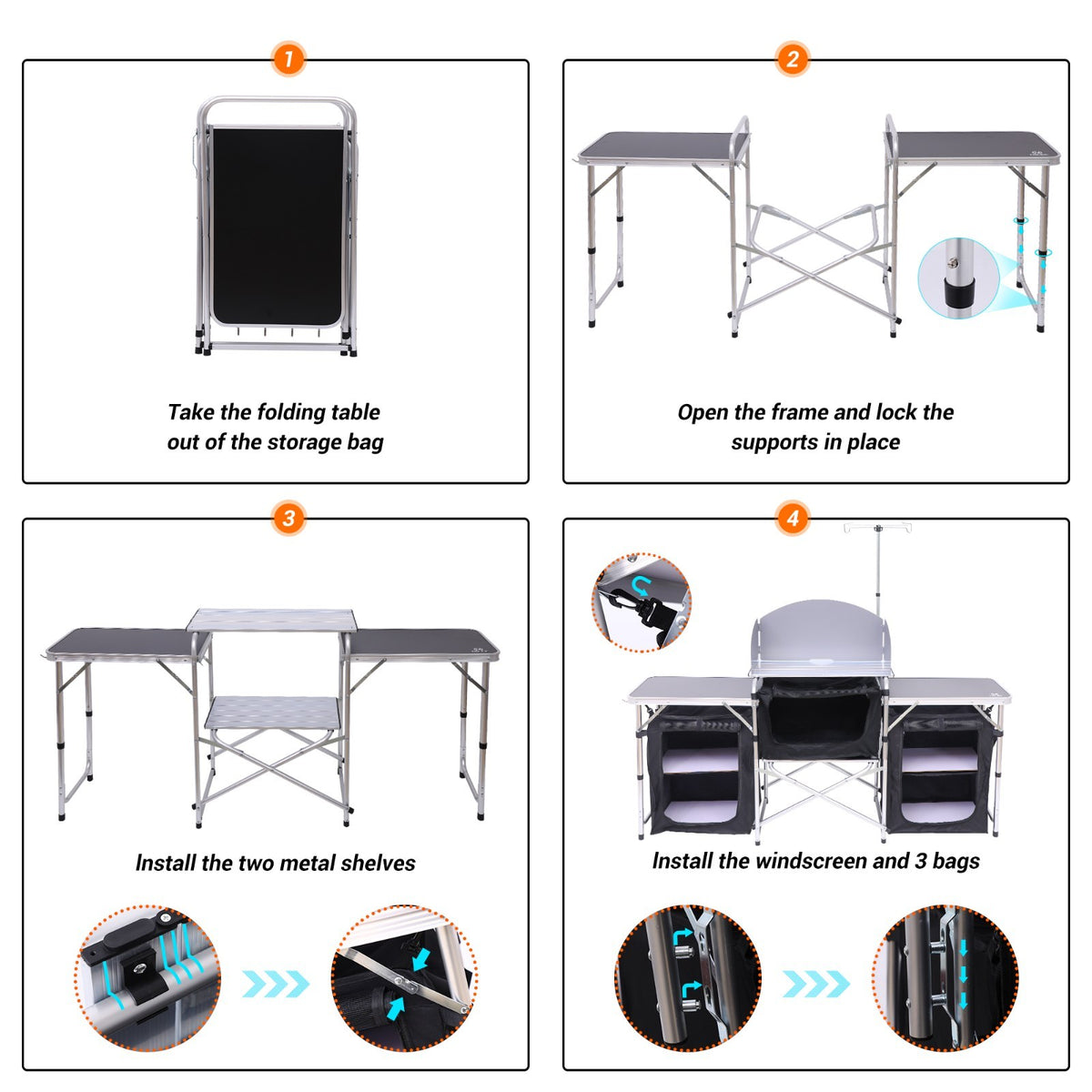Folding Camping Kitchen Table with Windshield Light Stand & Organizers