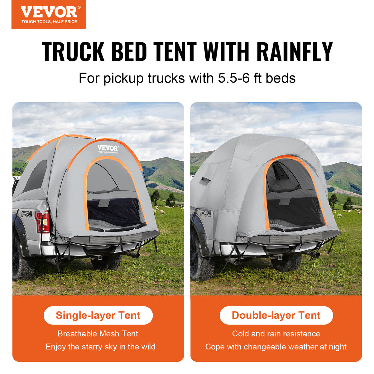 Pickup Truck Bed Tent Waterproof Camping Shelter for 5.5-6ft Vehicles