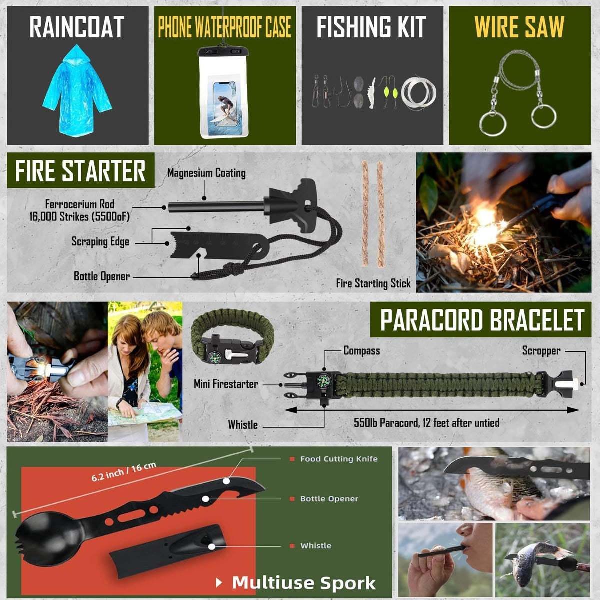 Emergency Survival Kit 268 Pcs with First Aid, Camping Axe, Headlamp & Tactical Gear