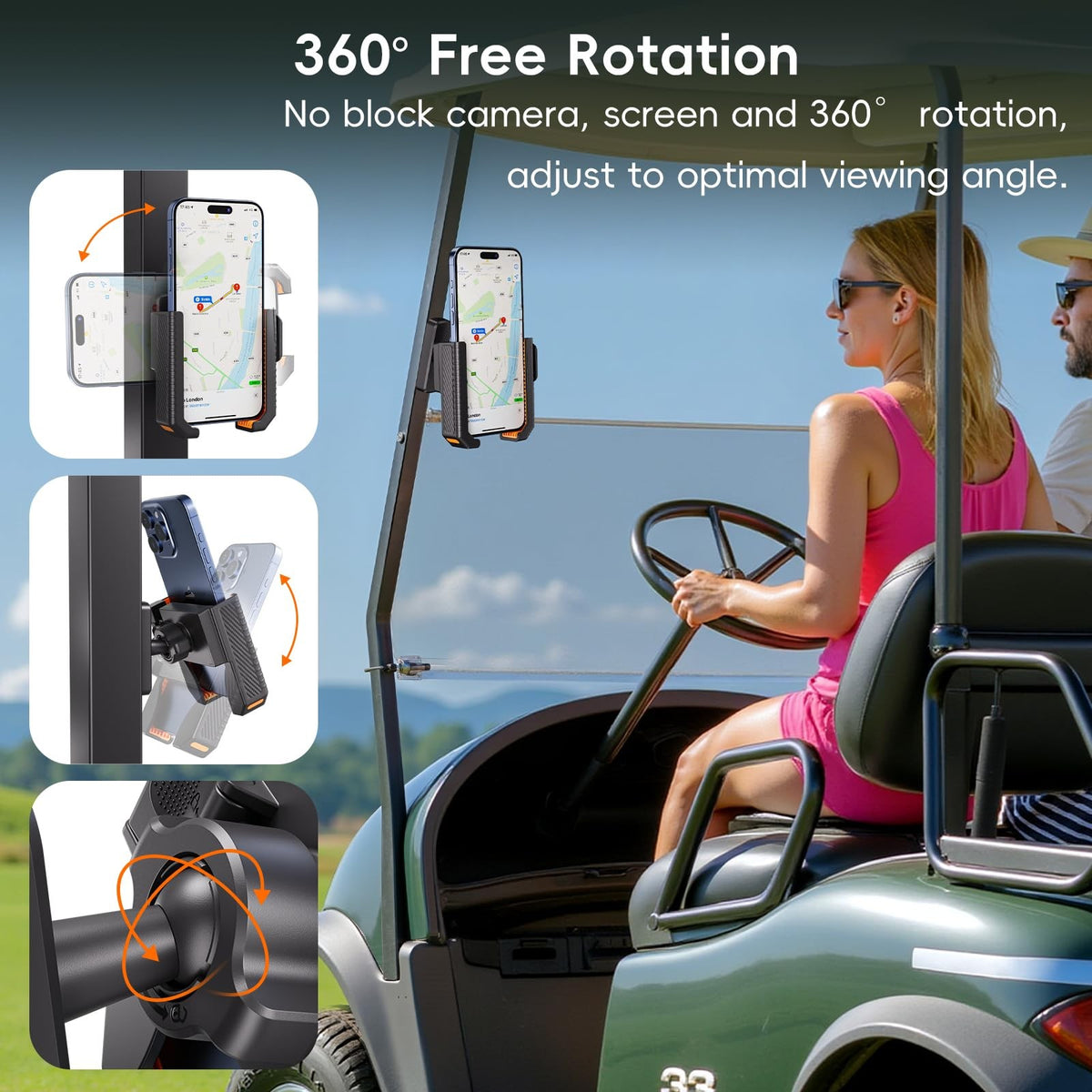 Magnetic Golf Cart Phone Holder - Universal Fit for 4.5-7 Inch Smartphones, Orange & Black