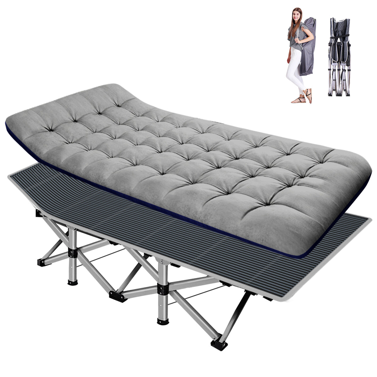 Portable Camping Cot with Foldable Design, 2-Side Mattress & Storage Bag
