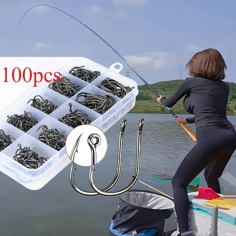 100PCS Stainless Steel Carbon Fishing Hooks with Loop Sharp Durable Tackle