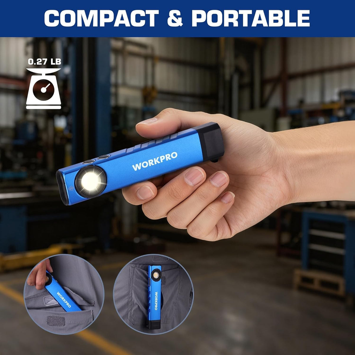 600 Lumens Pocket LED Flashlight with Magnetic Base & Clip for Garage, Home, Camping