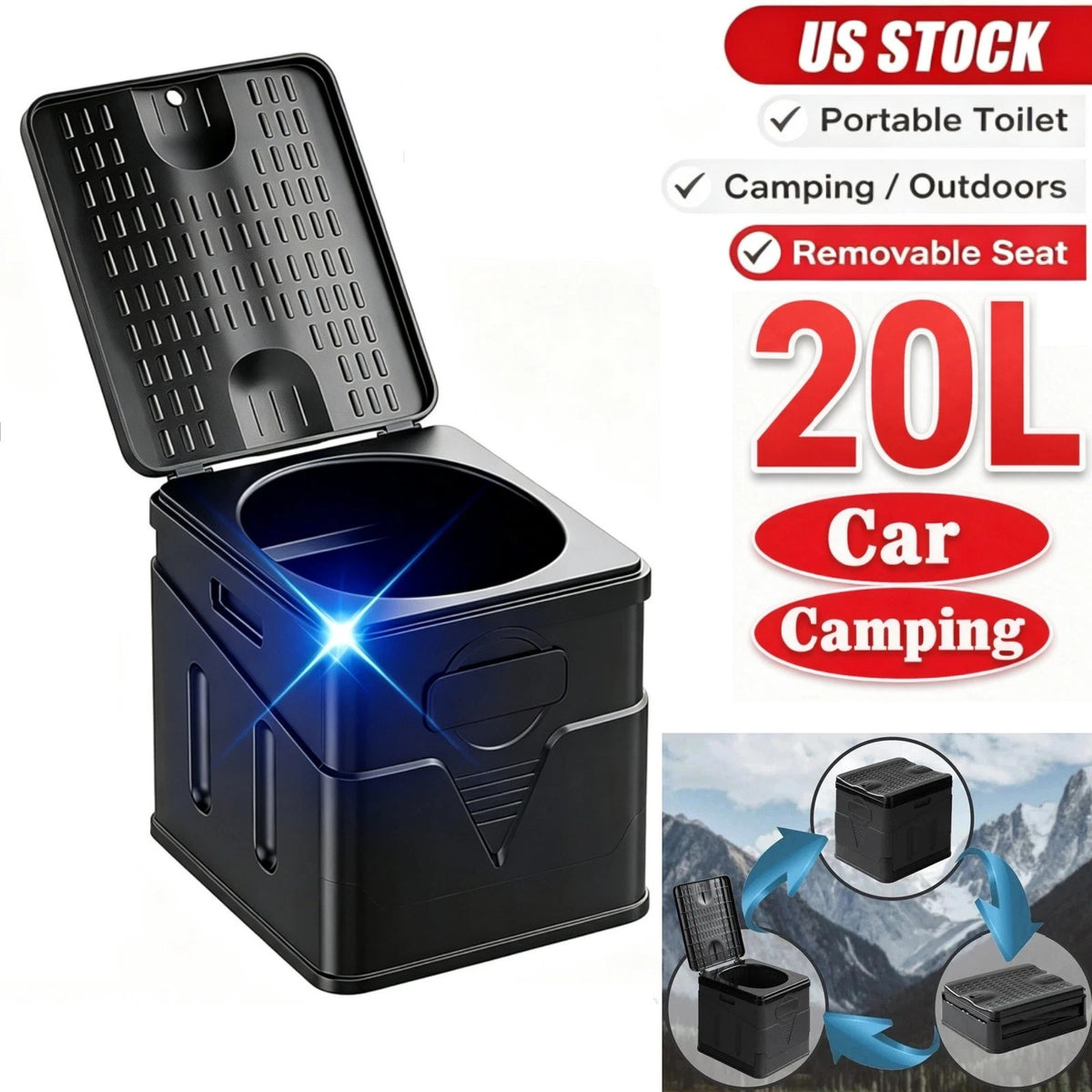 Portable Camping Toilet 20L Foldable Potty for Car Travel & Hiking Emergency