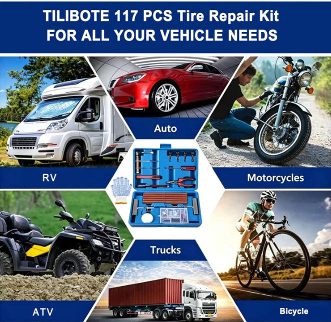 Automotive Tire Repair Kit 117 Pieces for Cars Motorcycles Trucks ATV