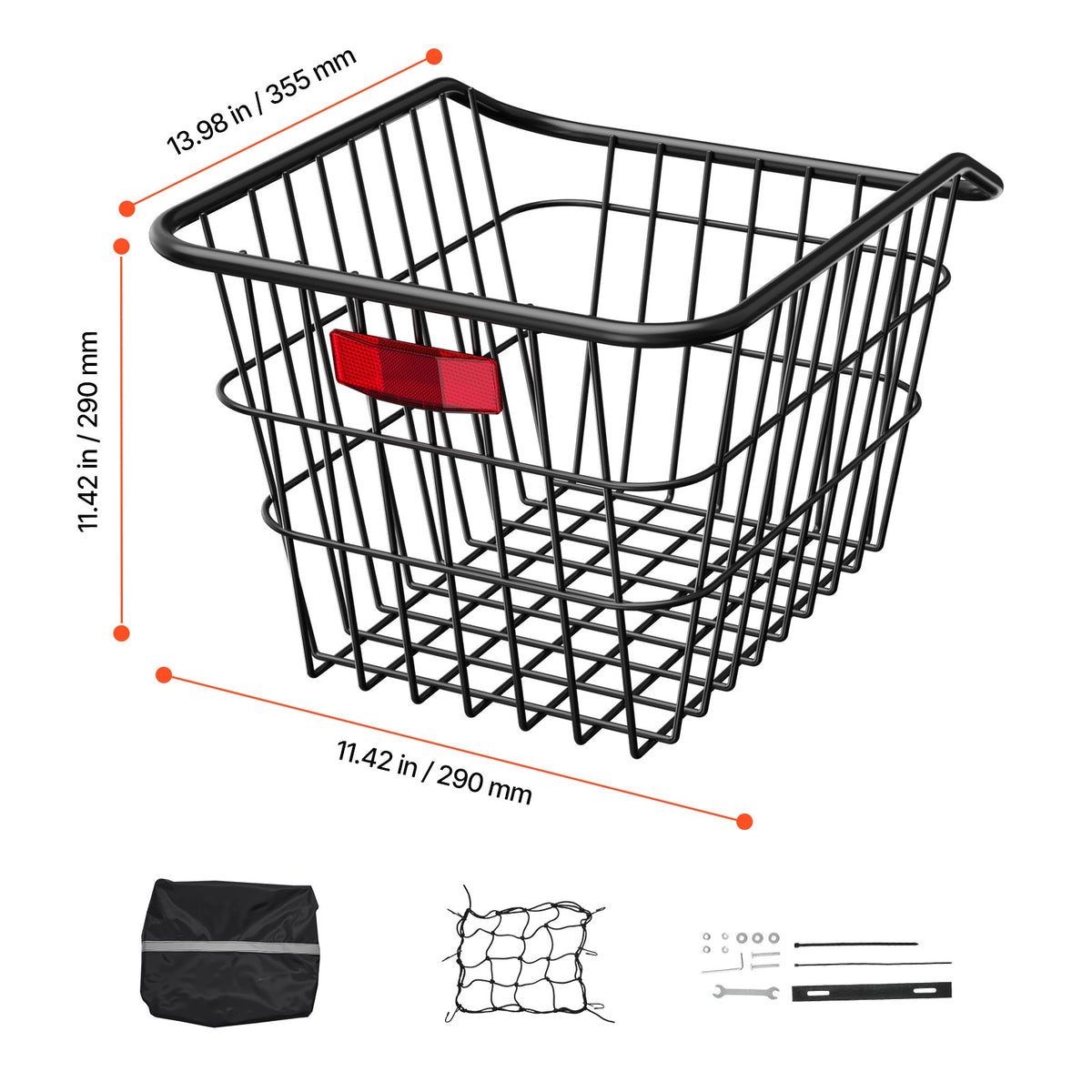 Bike Rear Basket with Reflective Tail Light Cover - Metal Wire Storage