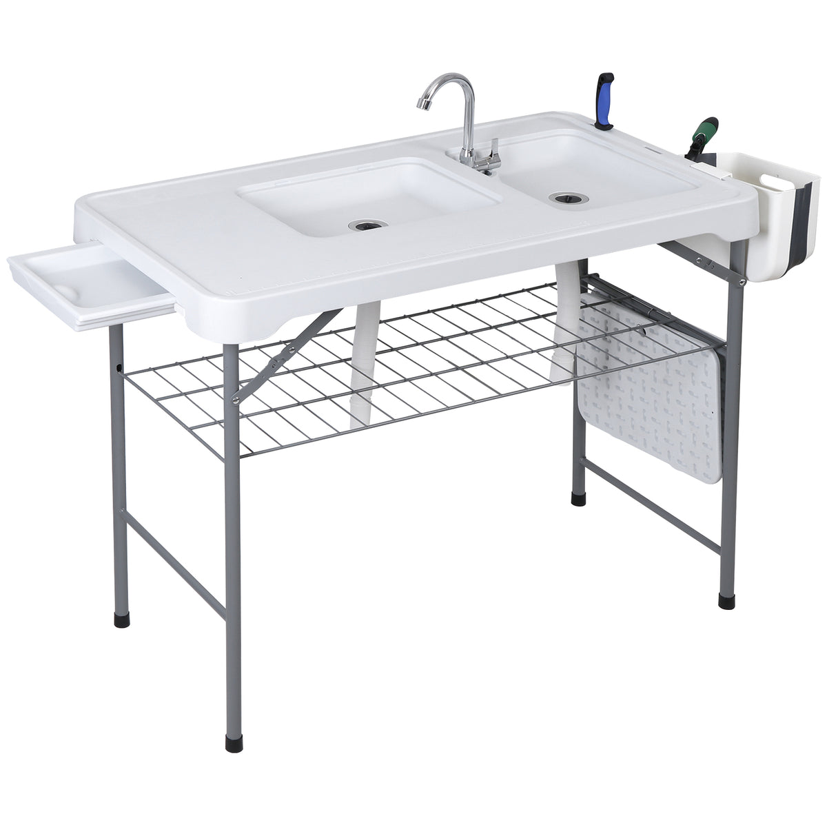 Fish Cleaning Station with Dual Sinks and Swivel Faucet - Portable Folding Camping Table