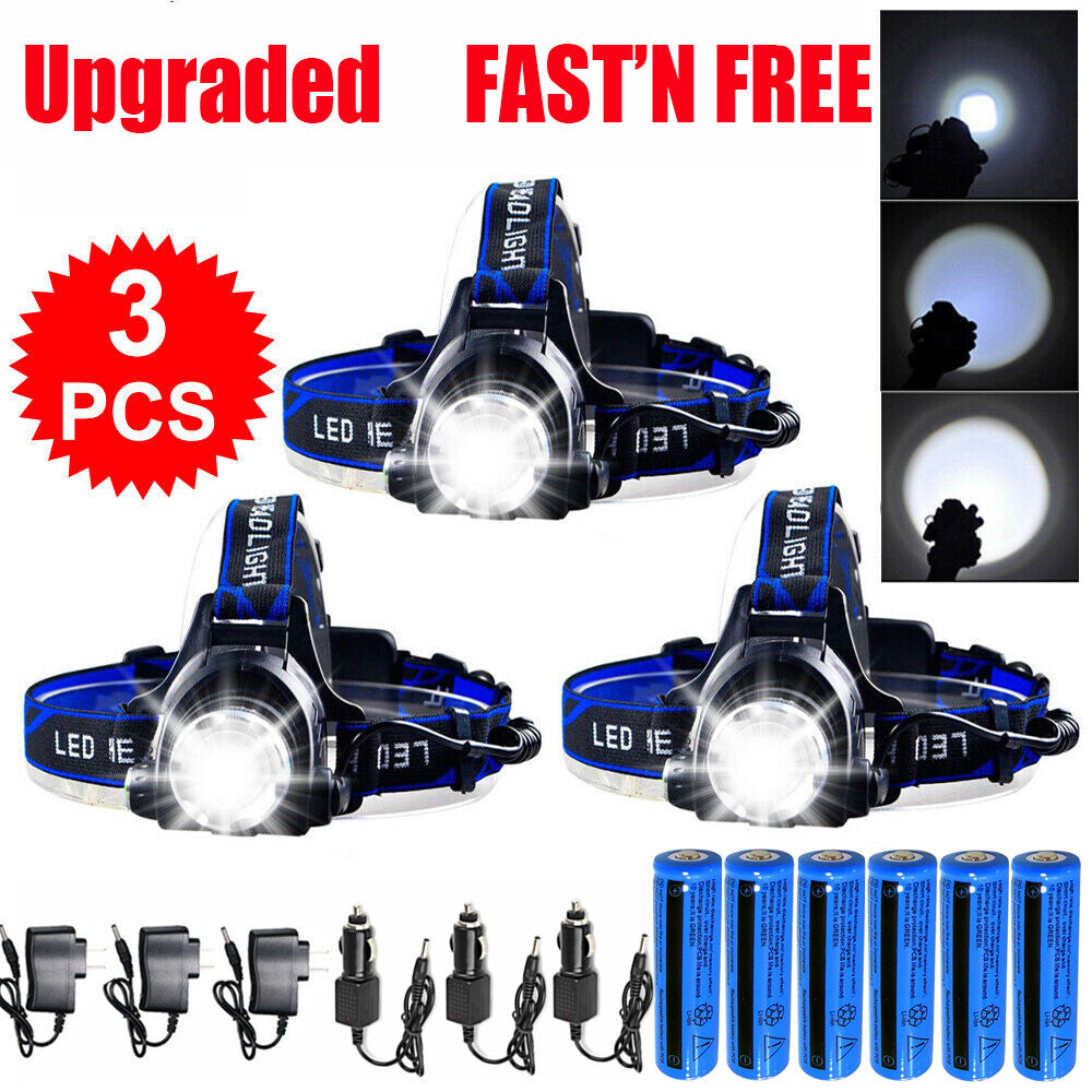 Rechargeable LED Headlamp Waterproof Head Torch with 3 Modes 100m Beam