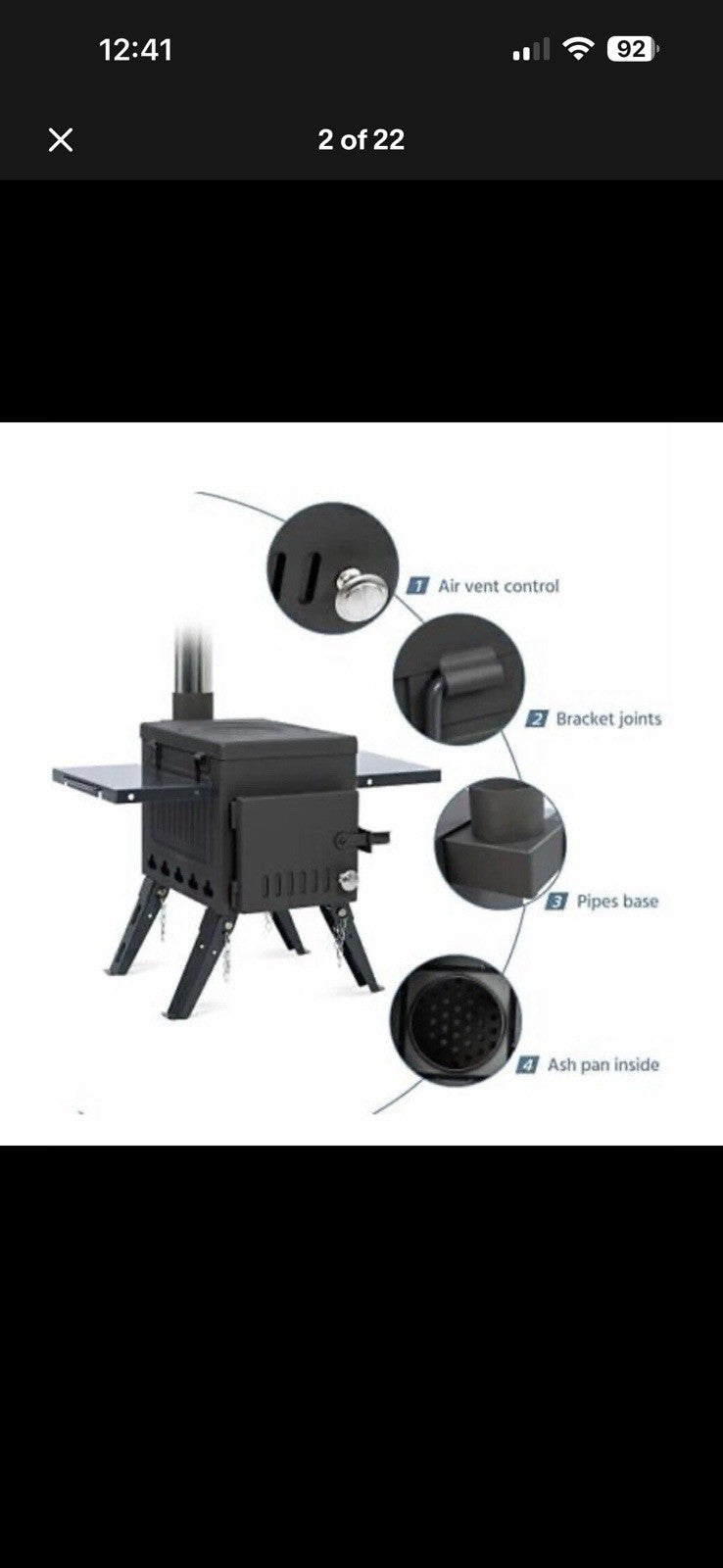 Portable Wood Burning Camping Stove with Vent Pipe & Accessories
