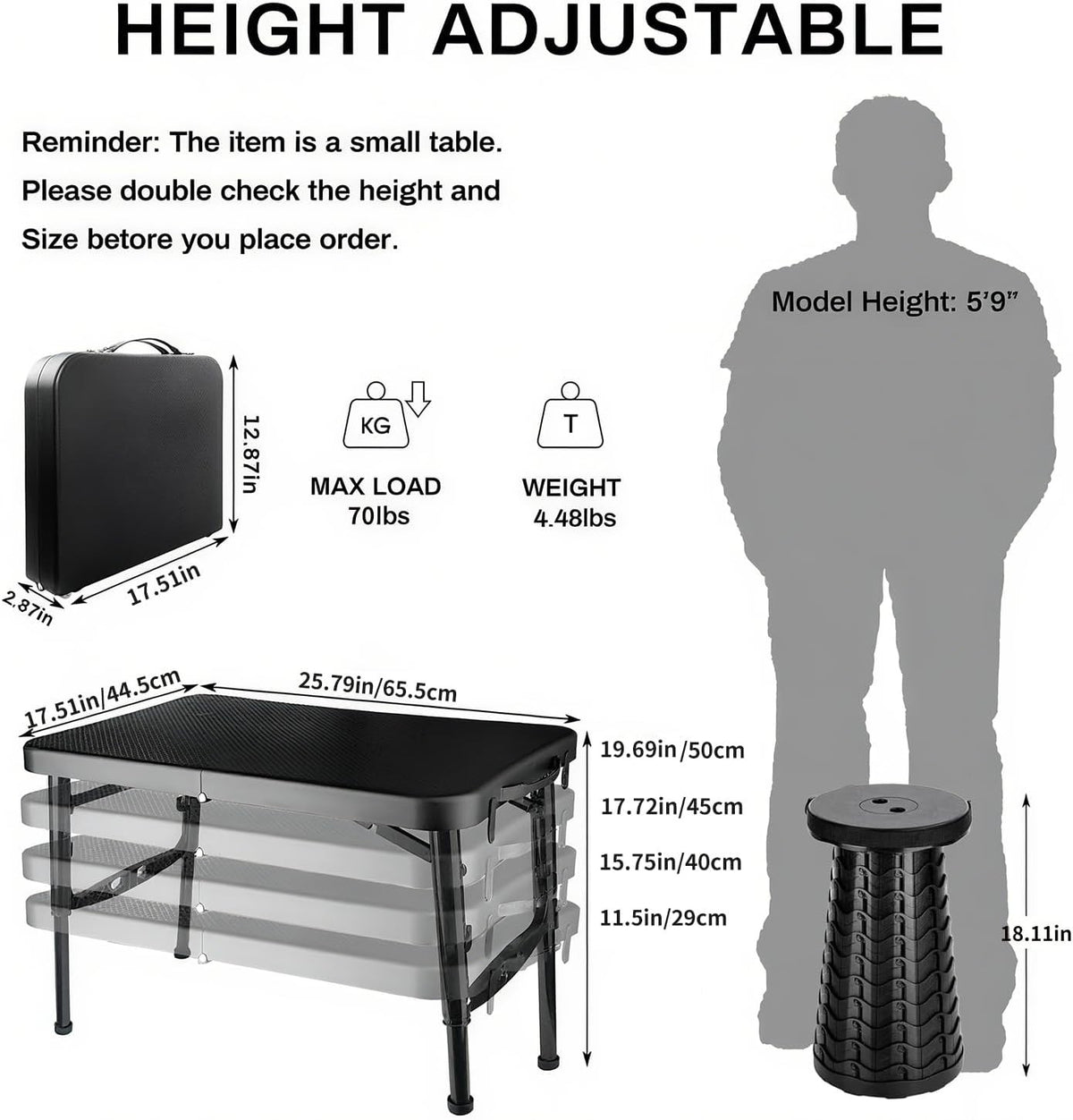 Portable Folding Camping Table and Stool Set - Adjustable Height Lightweight Black