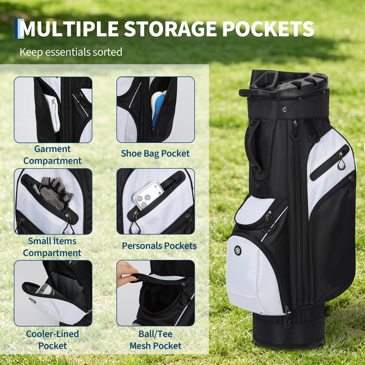 Lightweight 14-Way Golf Cart Bag with Full-Length Dividers Cooler Pocket & Rain Cover