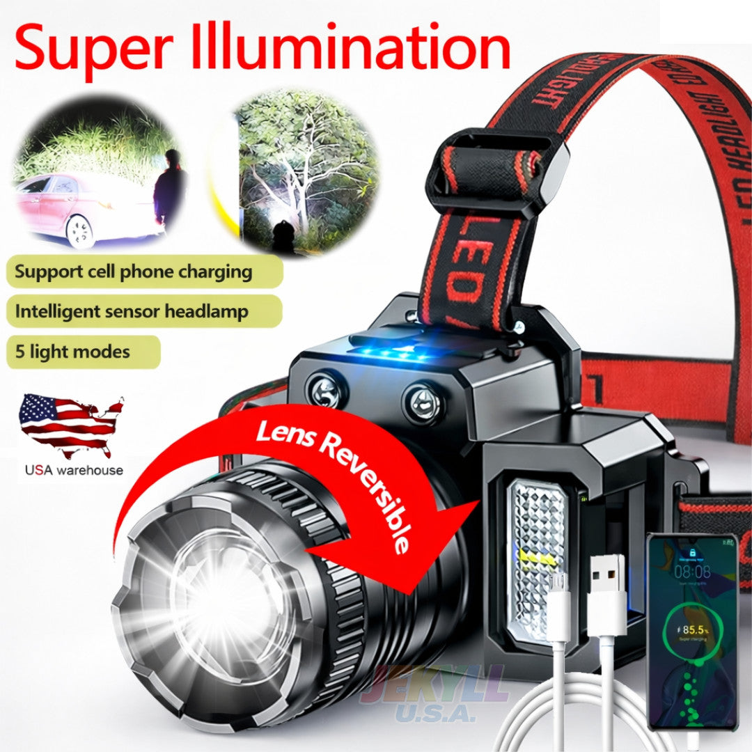 Rechargeable LED Headlamp with 5 Light Modes, Adjustable & Waterproof