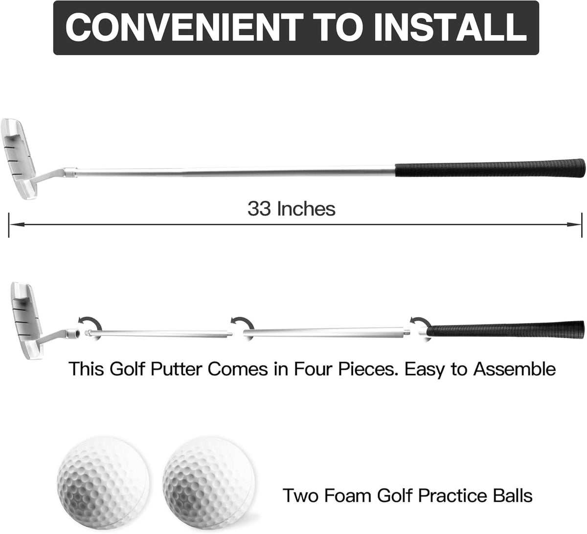 33-Inch Right Handed Golf Putter with Alignment Line and Disassemblable Design