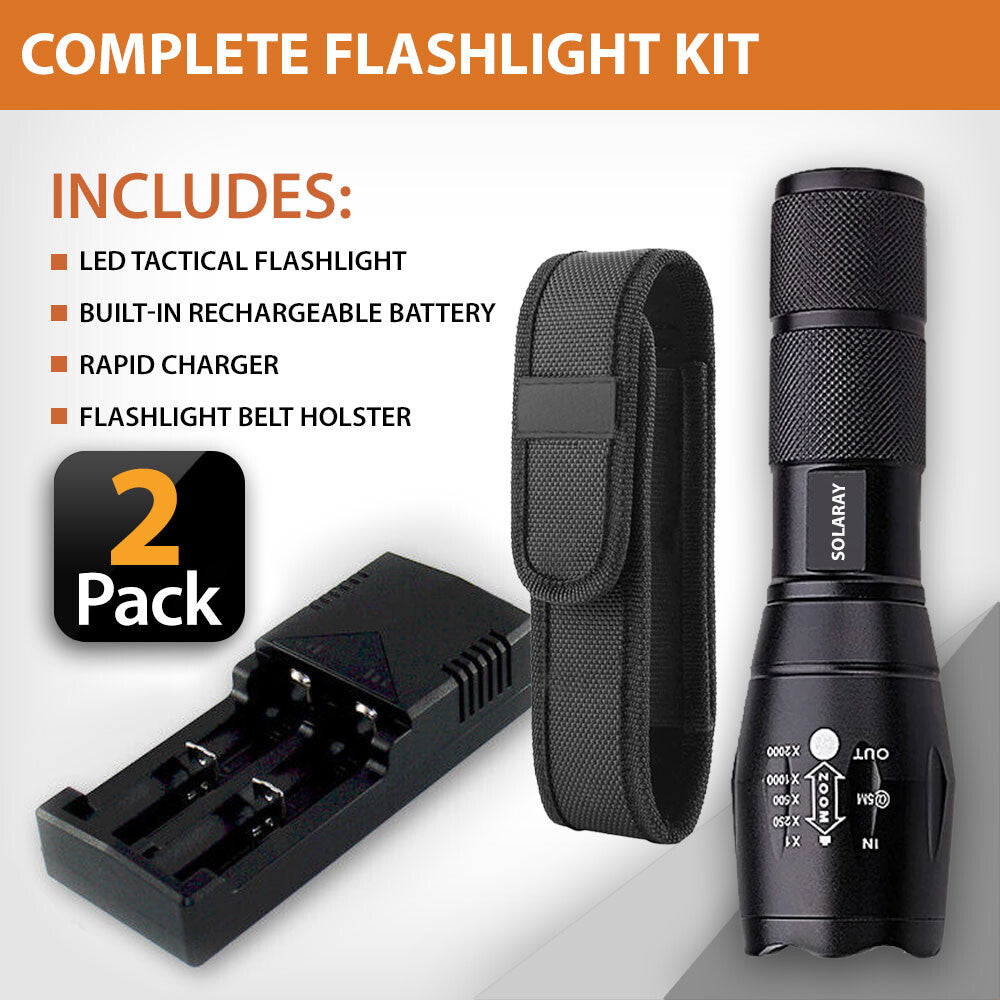 Rechargeable LED Tactical Flashlight 2-Pack, Waterproof Work Light with Holster