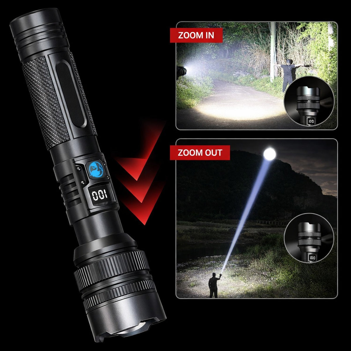 Super Bright Rechargeable LED Tactical Flashlight with Zoom Power Bank USB-C