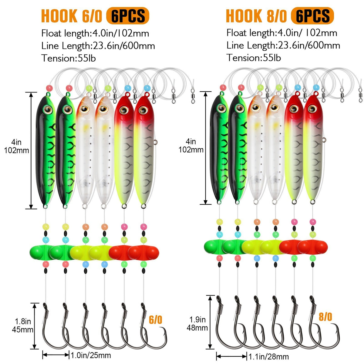 Fishing Float Rig Kit with Rattling Bells & 8/0 Circle Hooks - 6 Pack