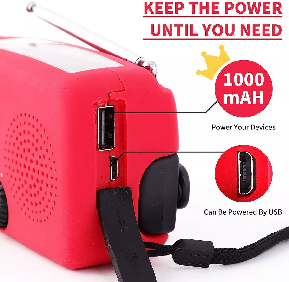 Emergency Weather Radio with Solar Crank Power Bank & LED Flashlight