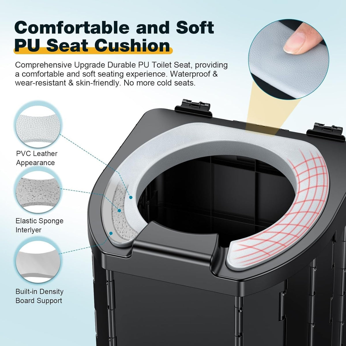 Portable Camping Toilet with Comfort Cushion & Splash Guard for RV & Elder Use