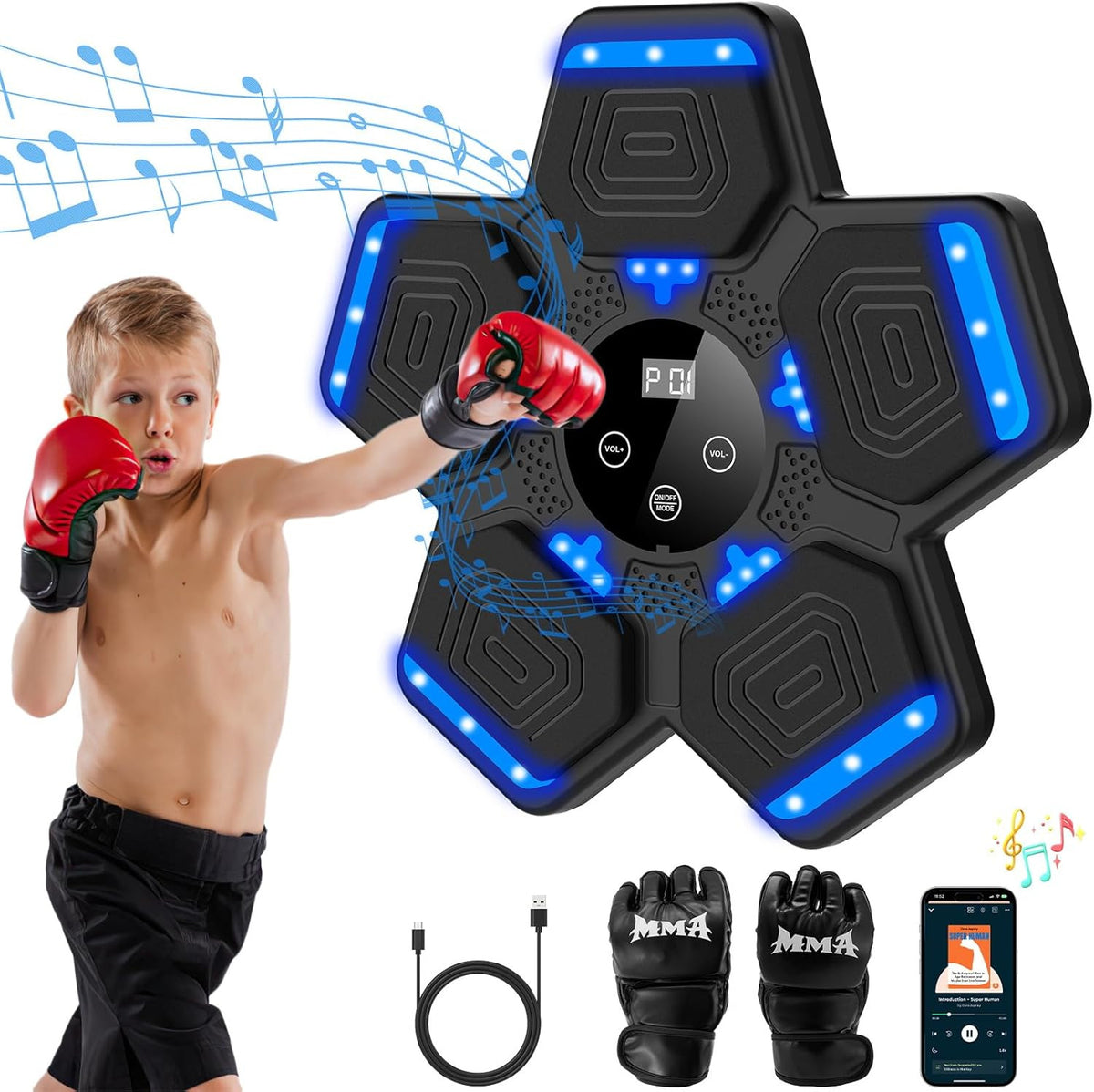 Music Boxing Machine for Adults and Kids - Bluetooth Punching Trainer with Gloves