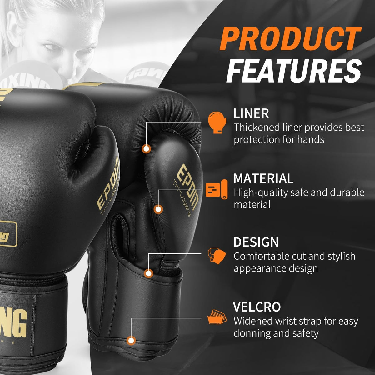 16oz Boxing Gloves for Training Sparring Kickboxing MMA Black and Gold