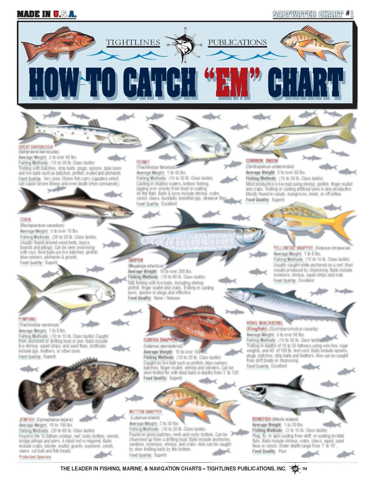 Saltwater Fish Identification Set Waterproof Quick Reference Guide for Anglers