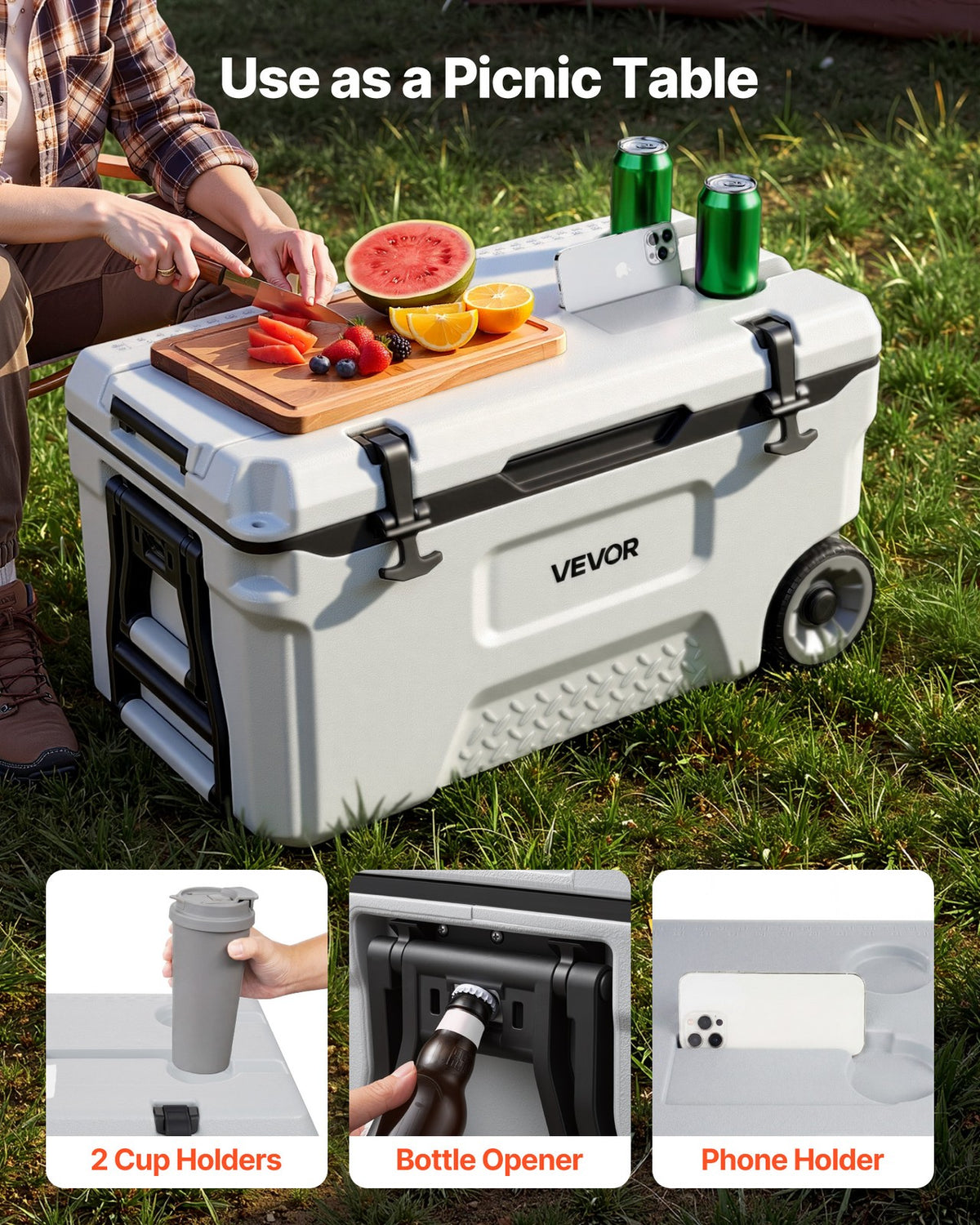 52QT Portable Hard Cooler with Rolling Wheels for Camping & Picnics