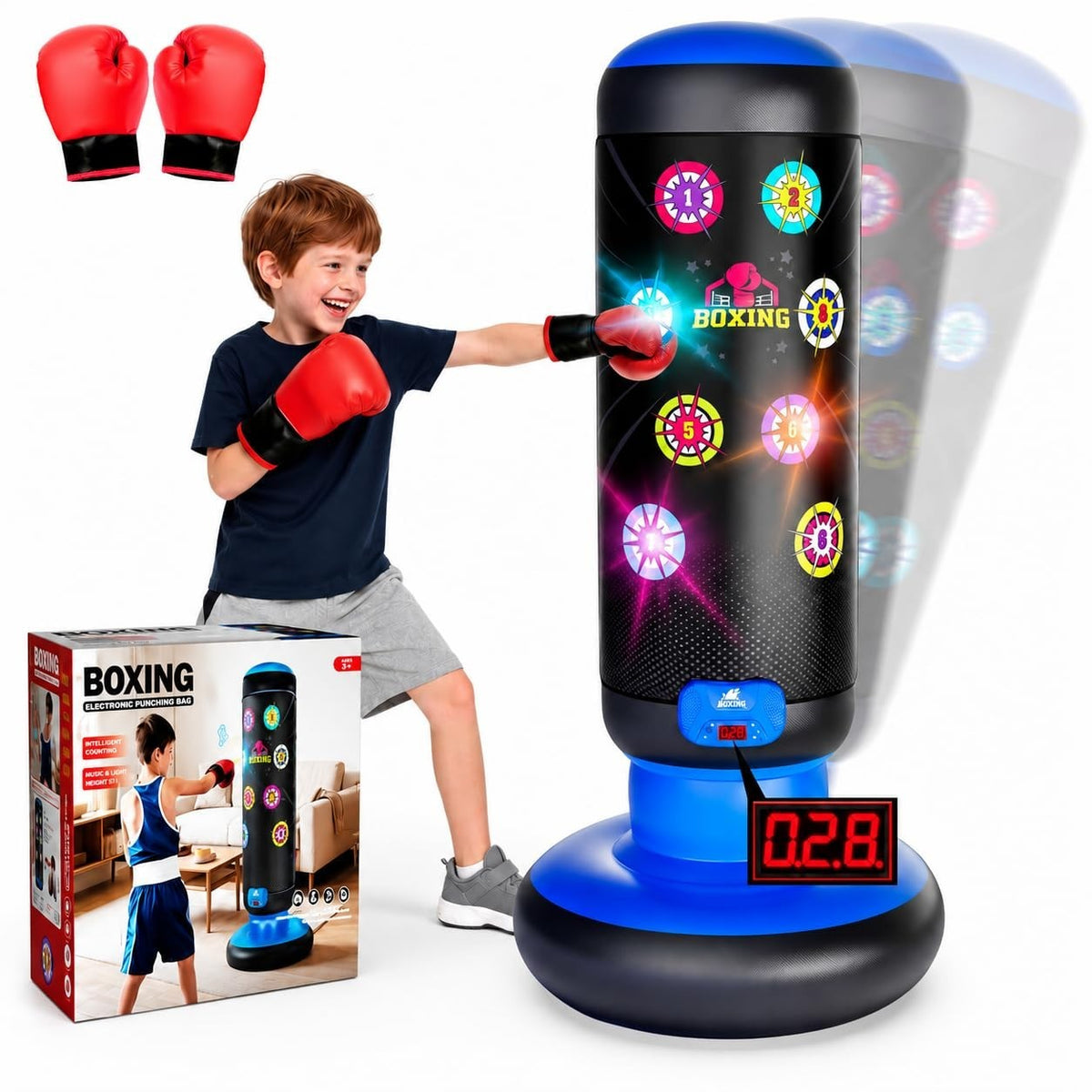 Kids Punching Bag Set with Lights Music & Scoring Boxing Gear for Active Play