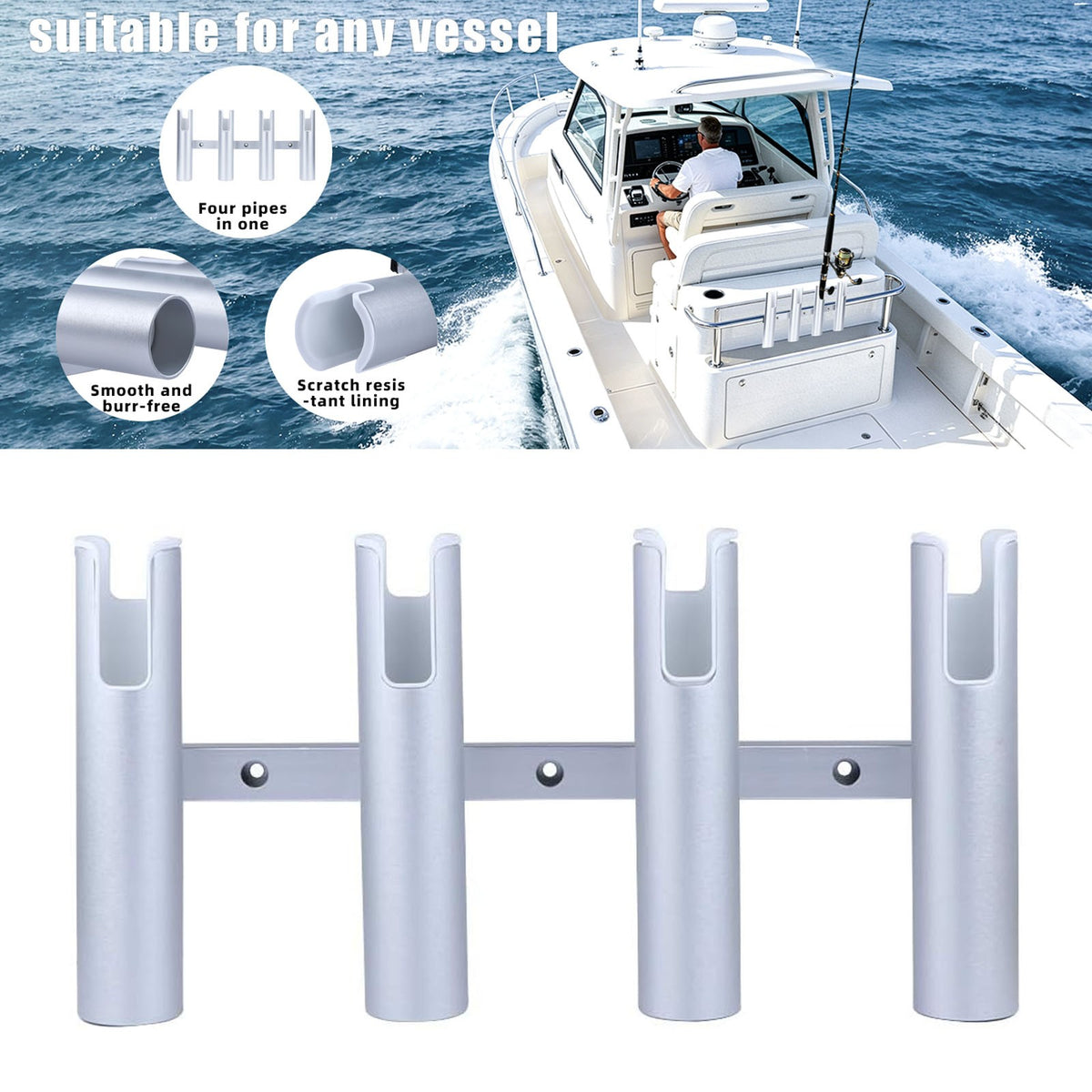 Aluminum Boat Fishing Rod Holders 4 Tubes - Heavy Duty, Rustproof, Silver