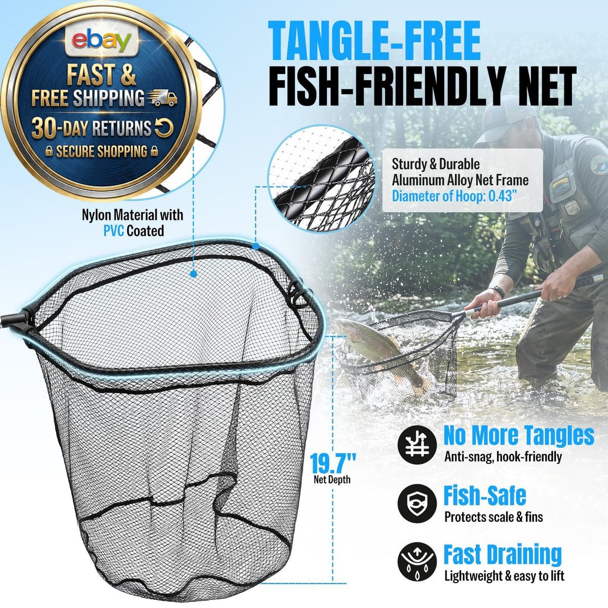 Heavy Duty Telescoping Fishing Net with Carbon Fiber Handle 3.4-7.7FT