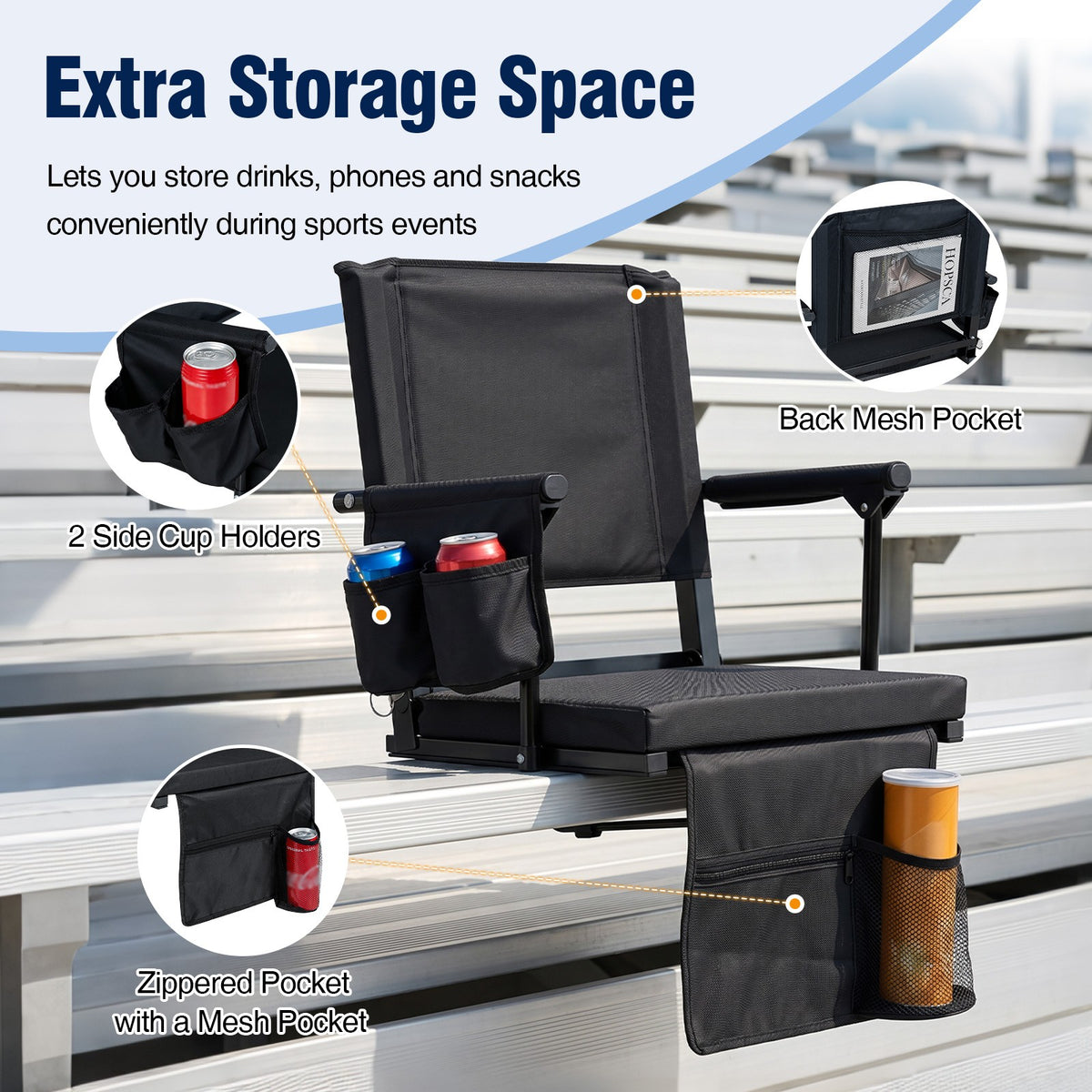 2-Pack Folding Stadium Seats with Cup Holders & Pockets
