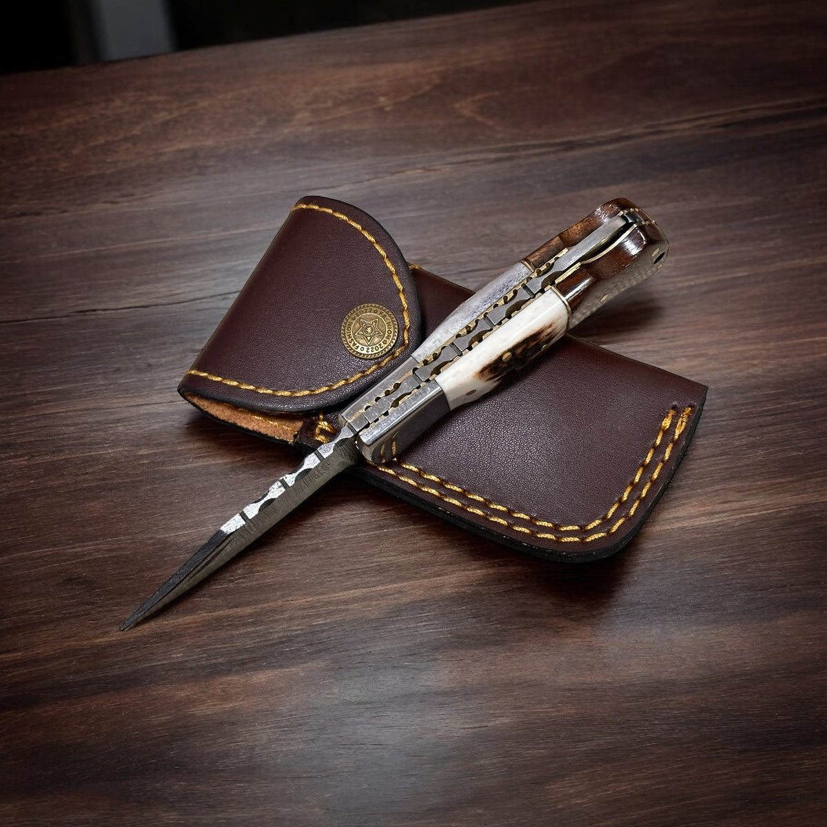 Personalized Damascus Folding Knife with Stag Antler and Rosewood Handle - Custom Engraving Gift