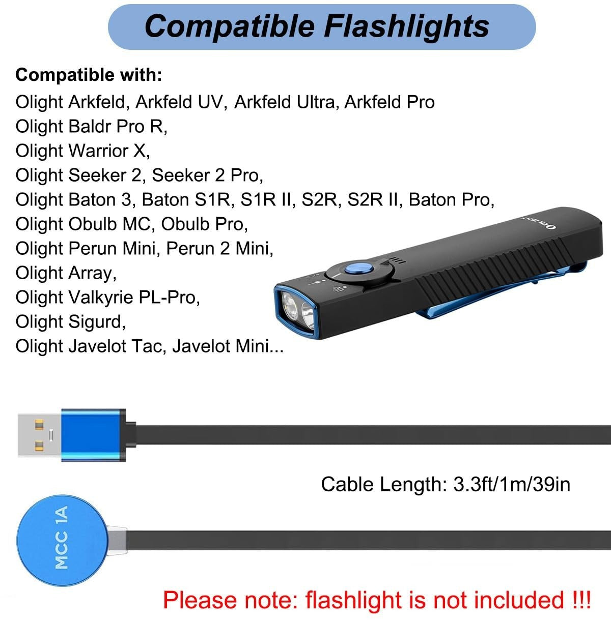 High-Speed USB Charging Cable 3.3ft for Olight Flashlights Copper Aluminum