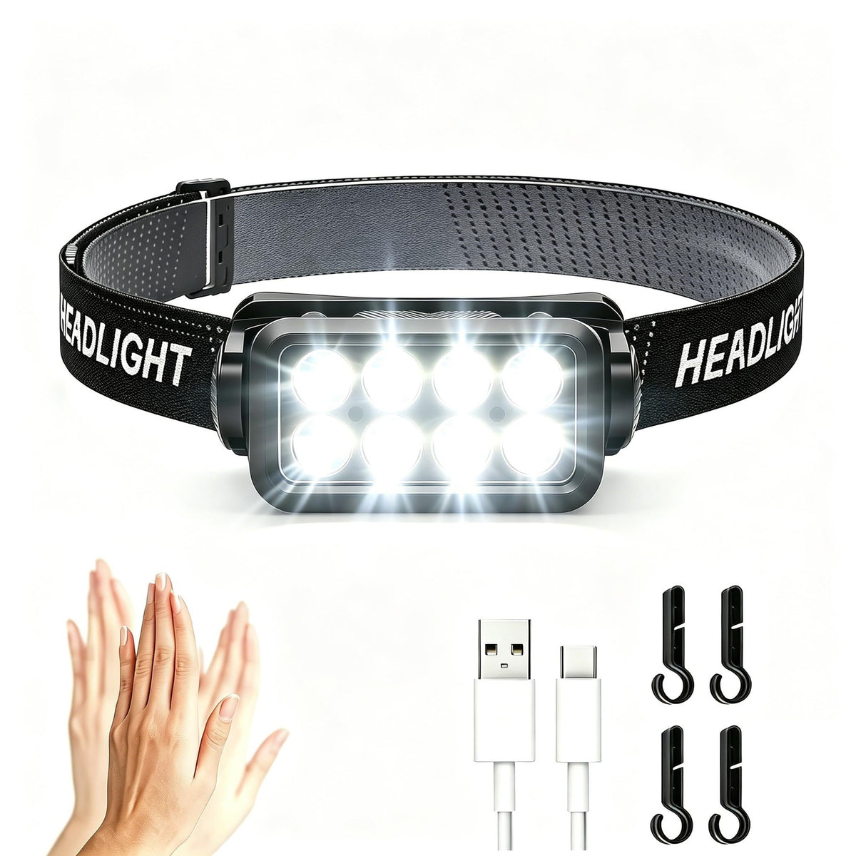 Rechargeable Motion Sensor Headlamp with 5 Lighting Modes, USB-C Head Torch