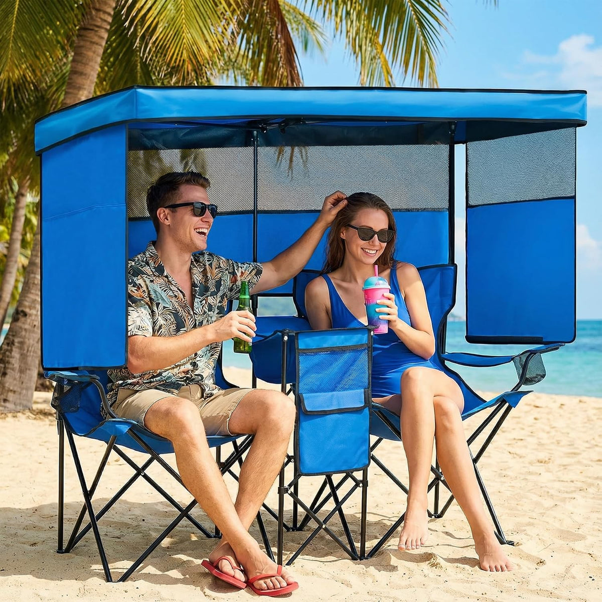 Double Beach Chair with Canopy Shade and Cooler Bag