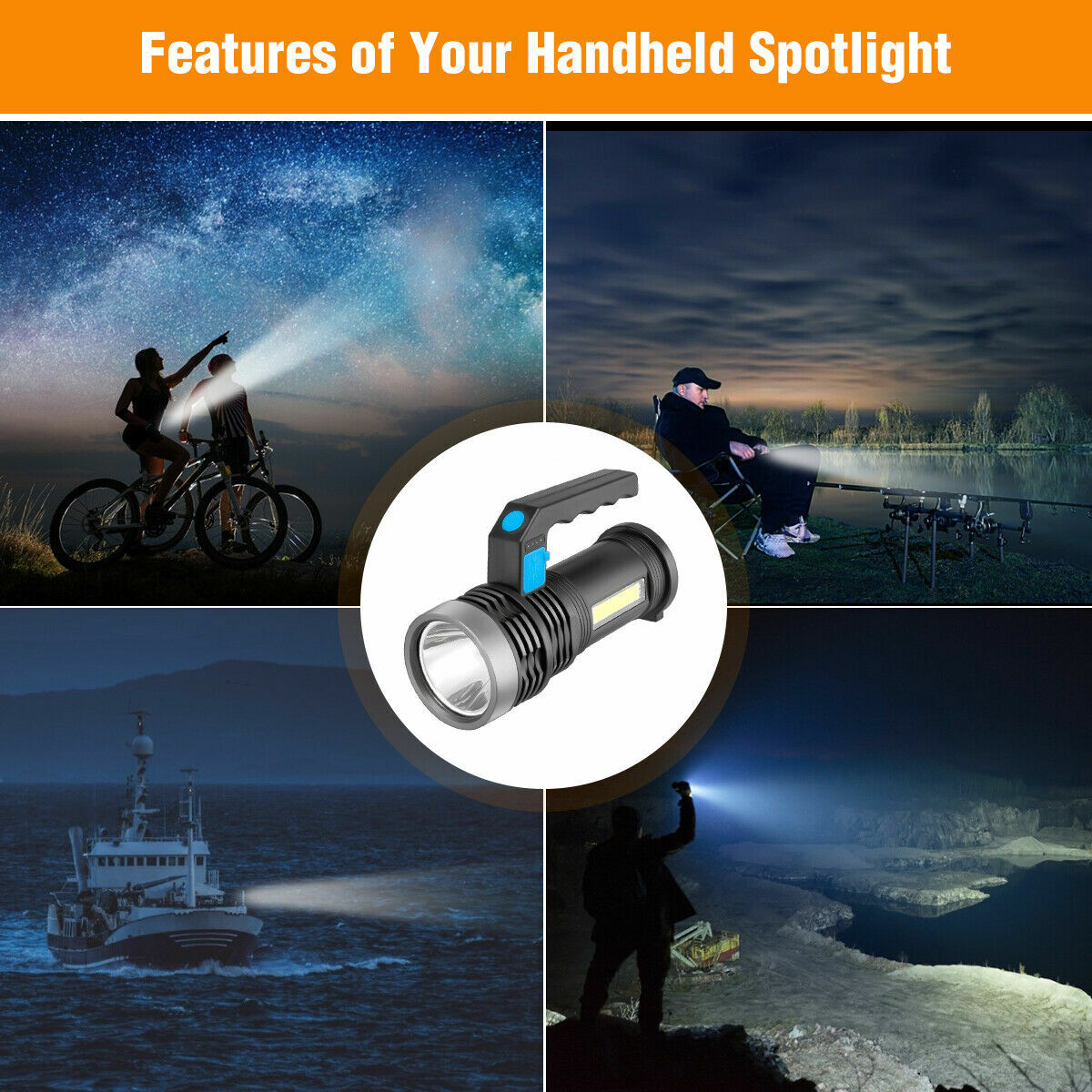 Rechargeable Handheld Searchlight Flashlight with 500m Beam, Waterproof, USB Charging