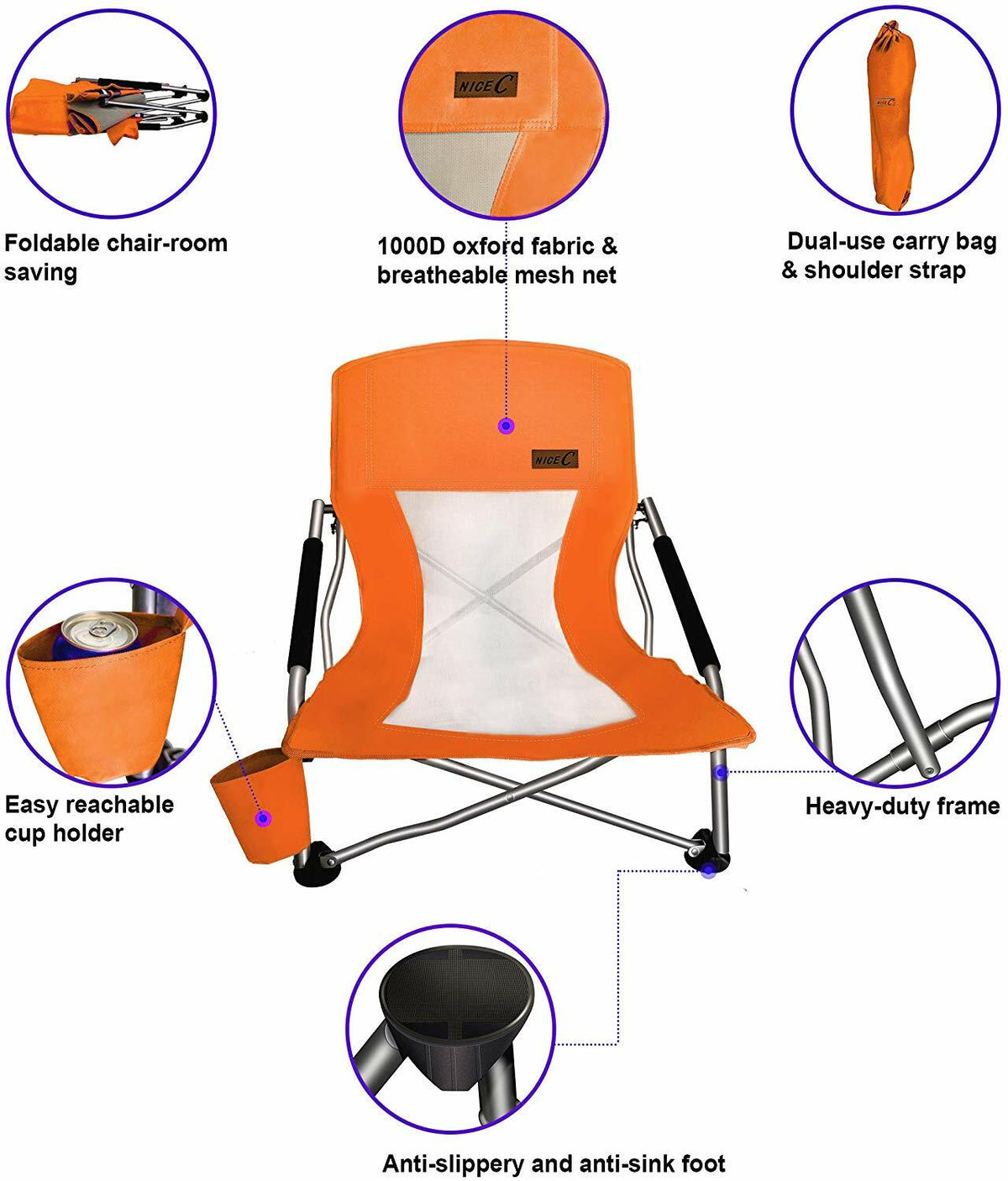 Folding Beach Chair for Adults - Lightweight Portable Camp Chair 1-Pack