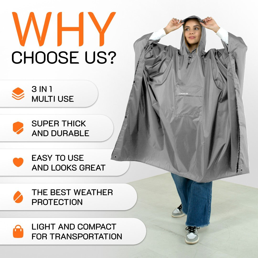 Unisex Waterproof Hooded Rain Poncho with Pocket - 3-in-1 Emergency Waterproof Cover