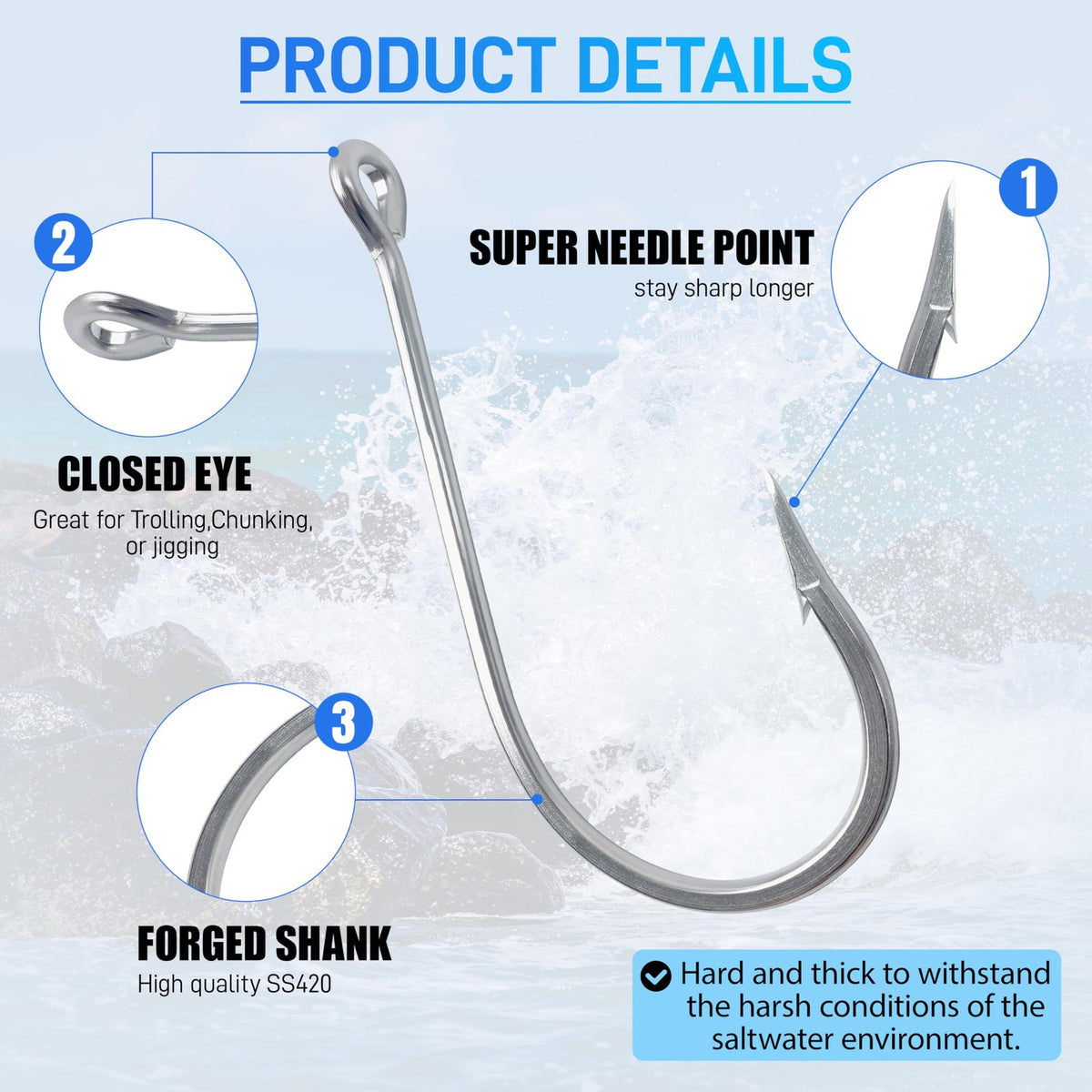 Big Game Stainless Steel Shark and Alligator Hooks - Saltwater Fishing Tackle Set