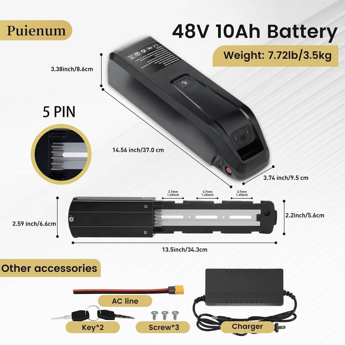 Electric Bicycle Battery 36V/48V/52V 20Ah 40A 5-Pin for eBike & Electric Bike
