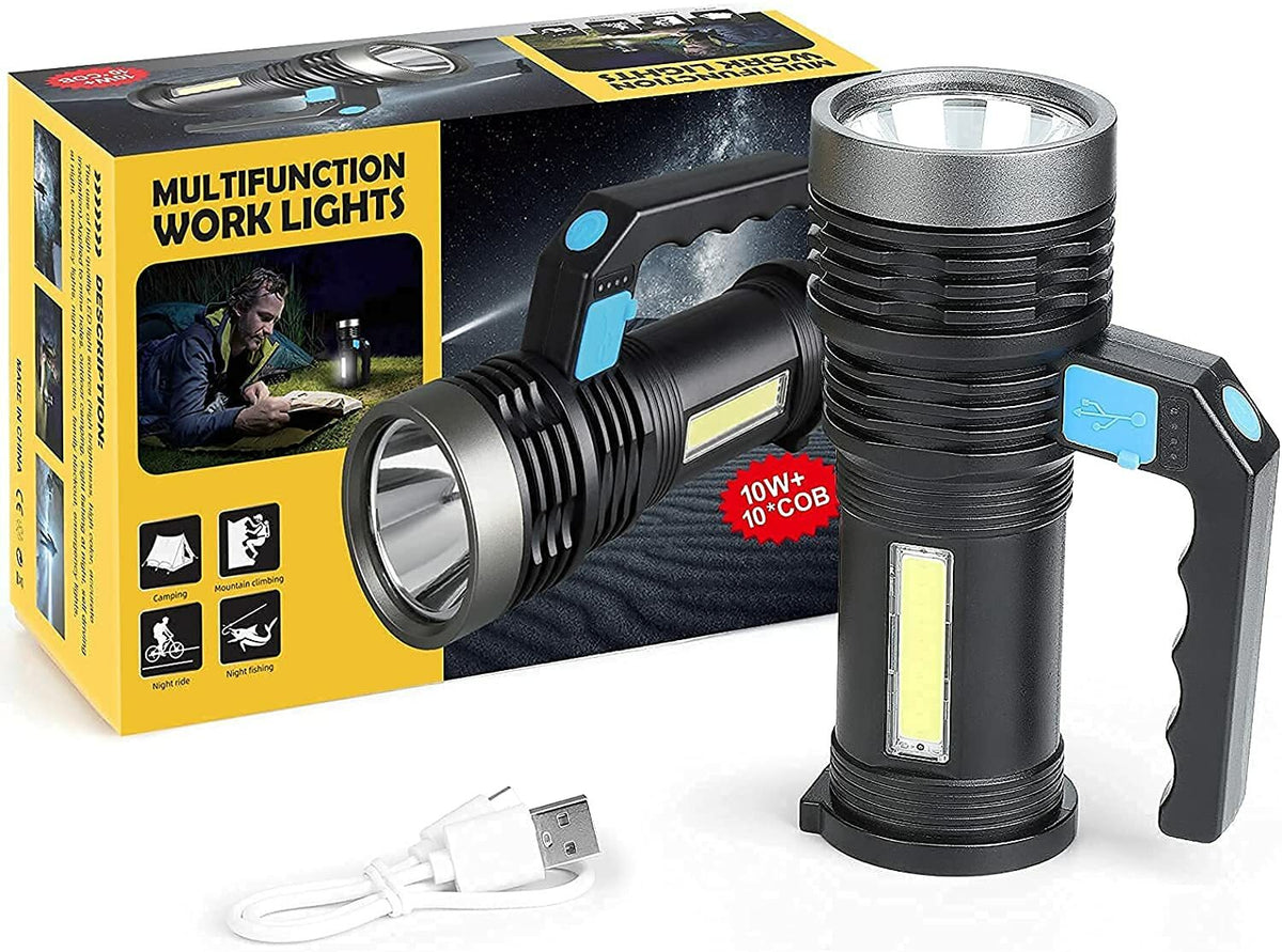 High Power LED Flashlight with Side Light, Rechargeable Waterproof Torch