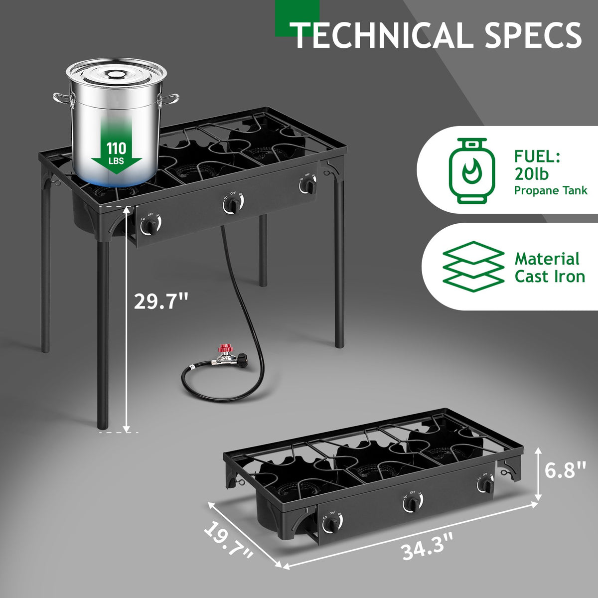 225,000-BTU Three Burner Gas Cooker Stove with Cast Iron Grill for Outdoor Cooking