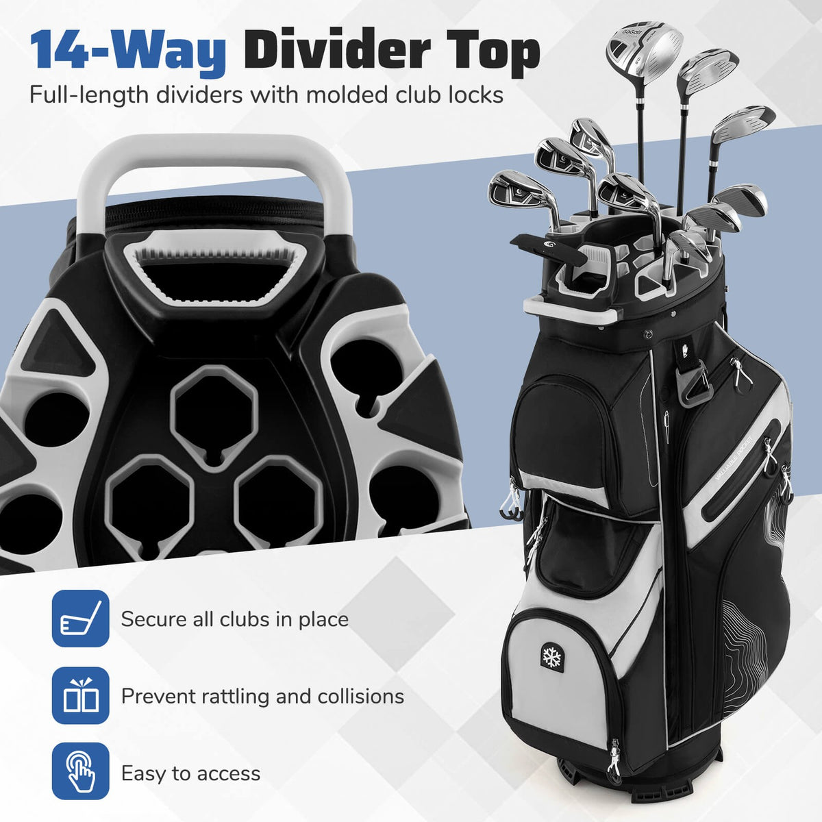 Golf Cart Bag with 14-Way Full Length Dividers and 11 Pockets - Lightweight, Waterproof