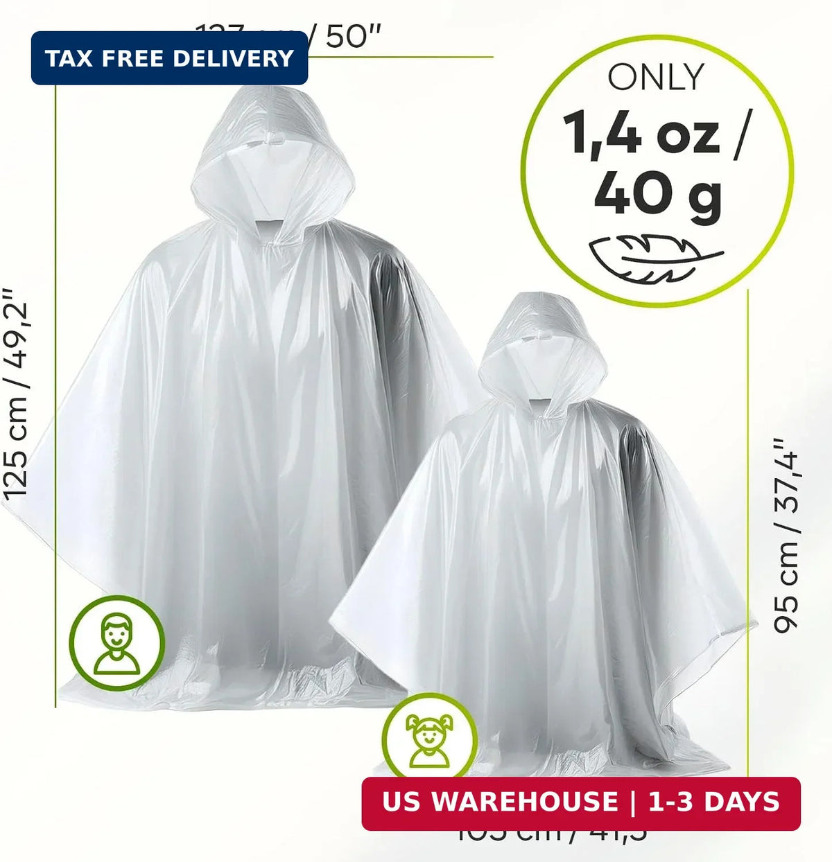 Disposable Rain Ponchos for Adults & Kids - Family Pack, Clear, Compact, Breathable, Emergency Hooded Cover