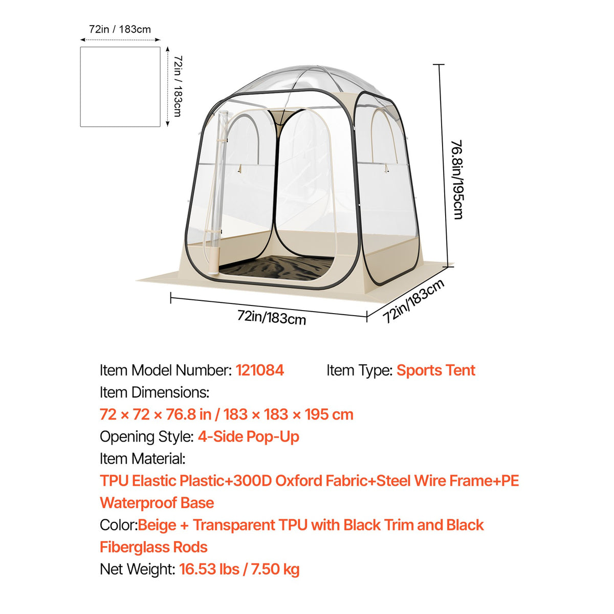72x72 Inch Clear Bubble Pop-Up Sports Tent - Weatherproof Instant Shelter