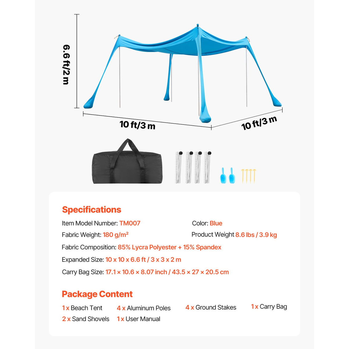 Portable Beach Tent Sun Shade Canopy 10x10 ft UPF 50+ Outdoor Shelter