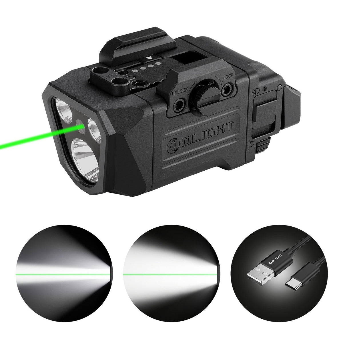 3-in-1 Rail-Mounted Tactical Light with Green Laser, Flood & Spot Brightness