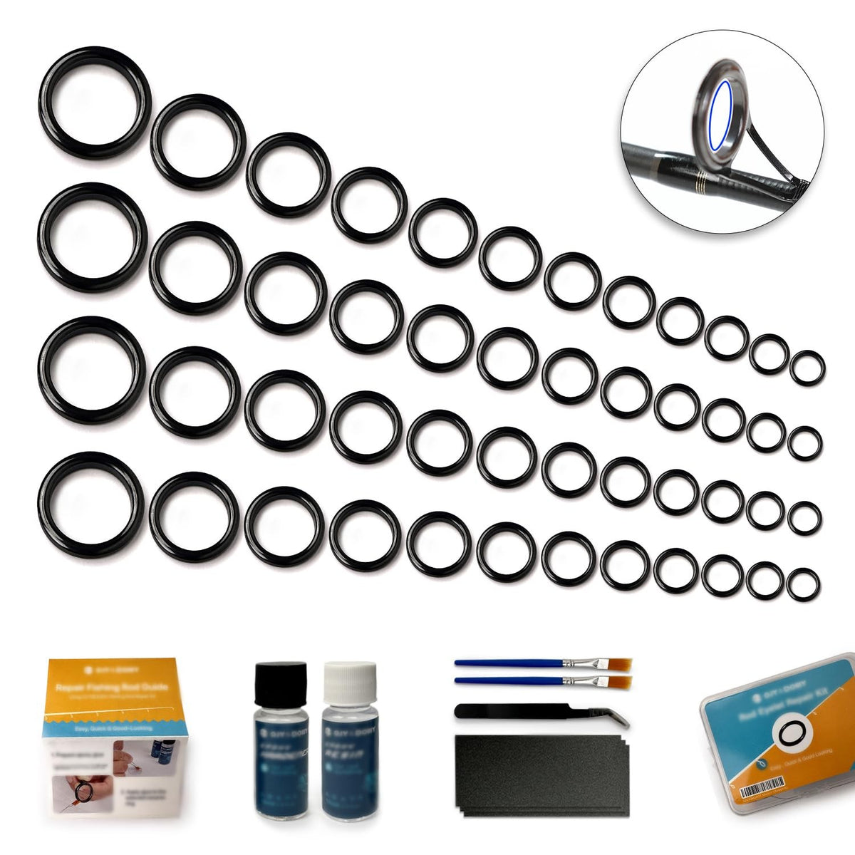 Fishing Rod Repair Kit with Ceramic Eyelet Inserts - 52 Rings & Epoxy Glue