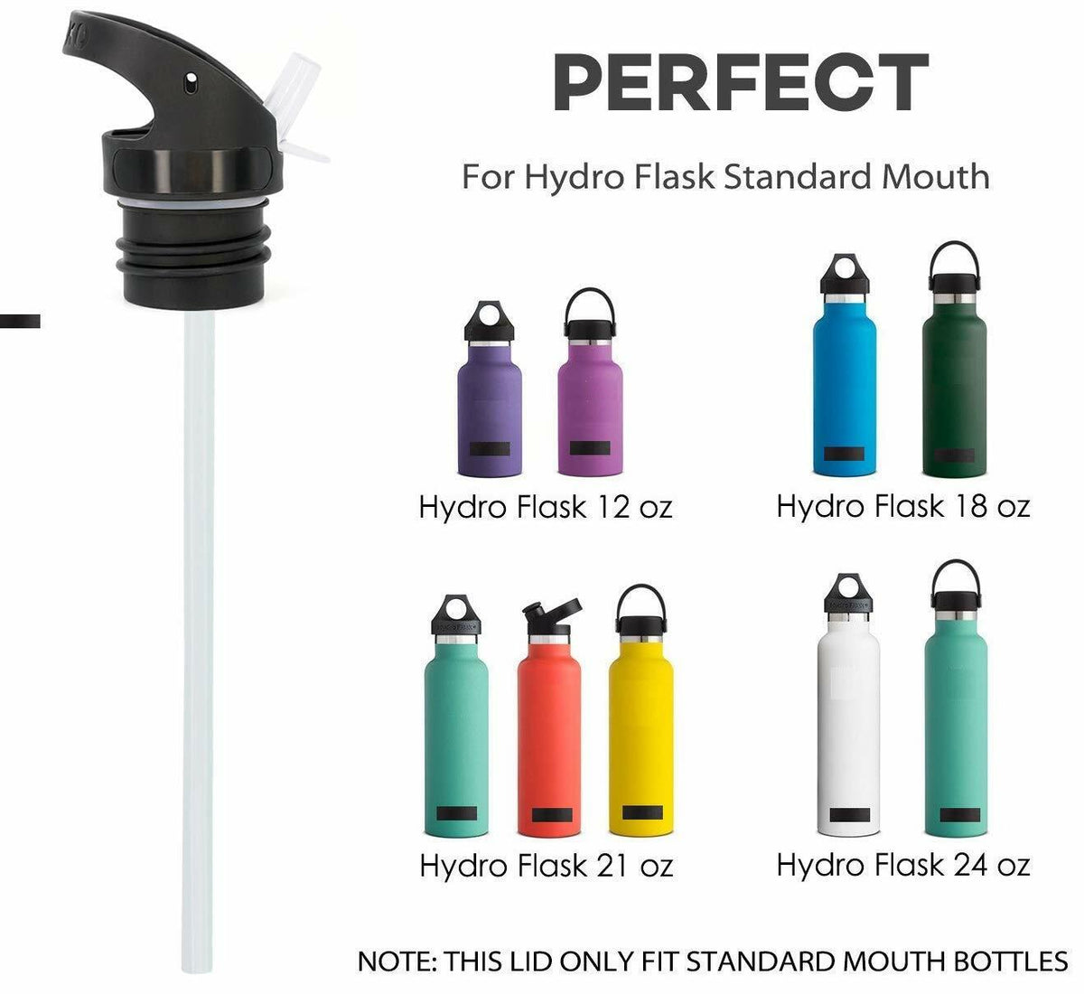 Reusable Straw Lid with 2 Long Straws & Brush for Hydro Flask & Water Bottles