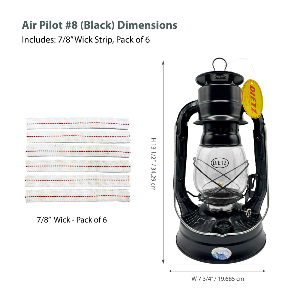 Oil Lantern with 7/8" Wick – Black Air Pilot Hurricane Lantern, 13.5" Tall